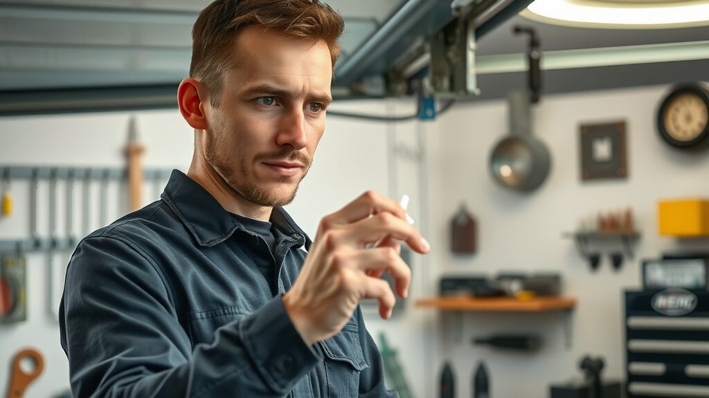 Professional technician lubricating garage door mechanism, detailed view, tools organized in Eustis garage