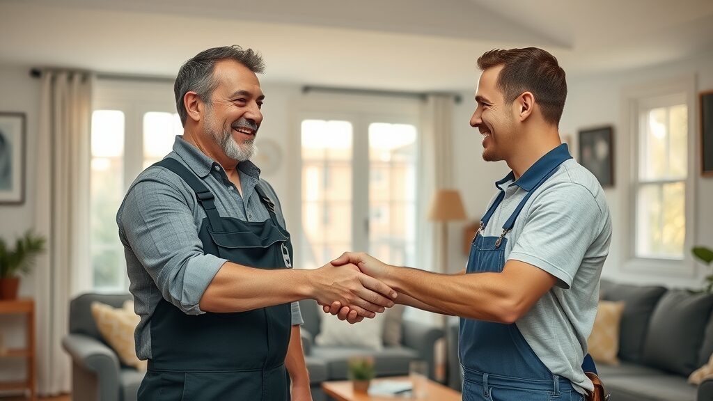 eustis handyman for hire: happy homeowner shaking hands with handyman in recently repaired living room