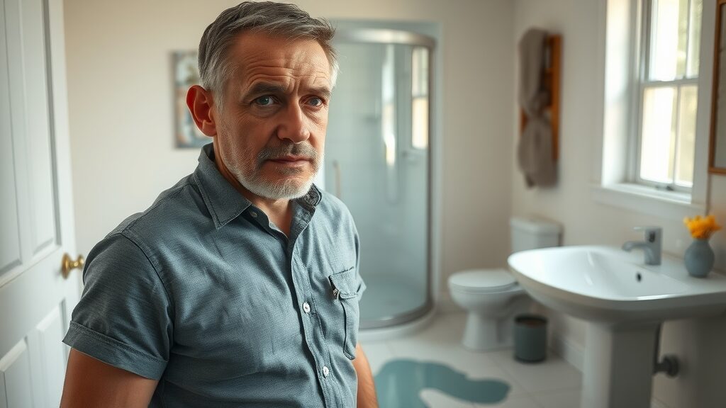 Anxious Florida homeowner near bathroom with water backing up, urgency highlights need for 24/7 septic system repair Florida, photorealistic setting.