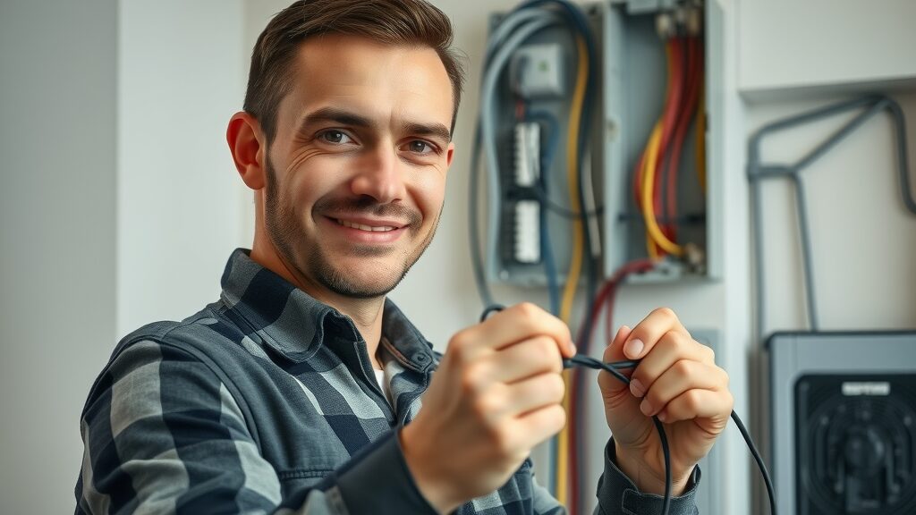 Electrician installing new energy-efficient Eustis residential wiring, modern electrical panel and organized cabling