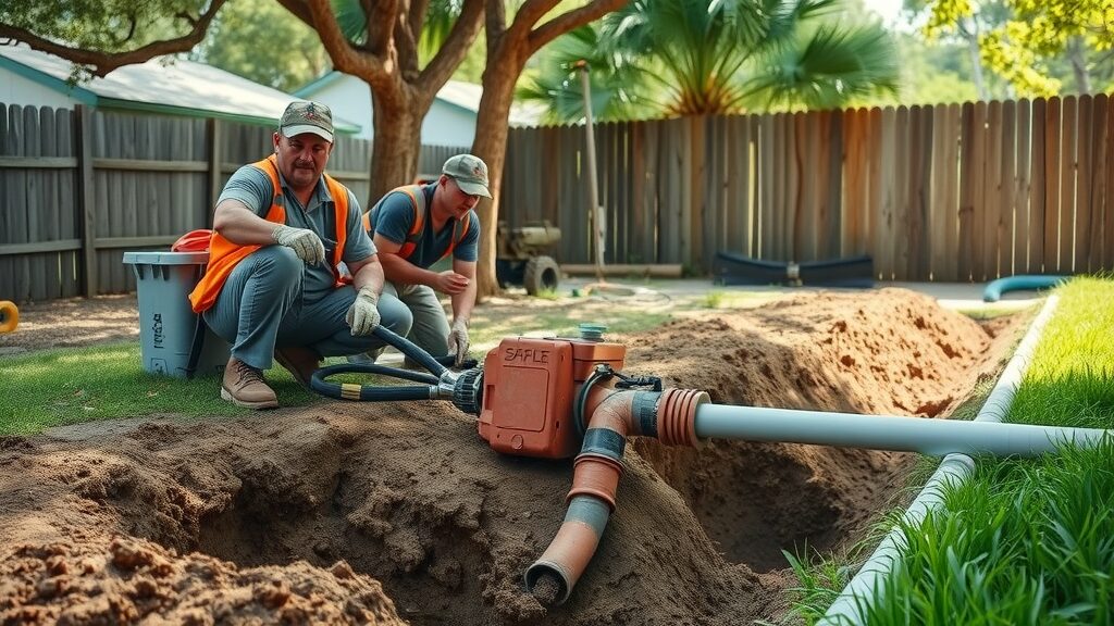Professional drain field repair crew at work in a Florida backyard—excavation near septic pipes for field repair service