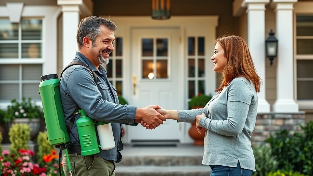 Dog-friendly pest control technician shaking hands with pet owner at Eustis FL home after pet-safe service