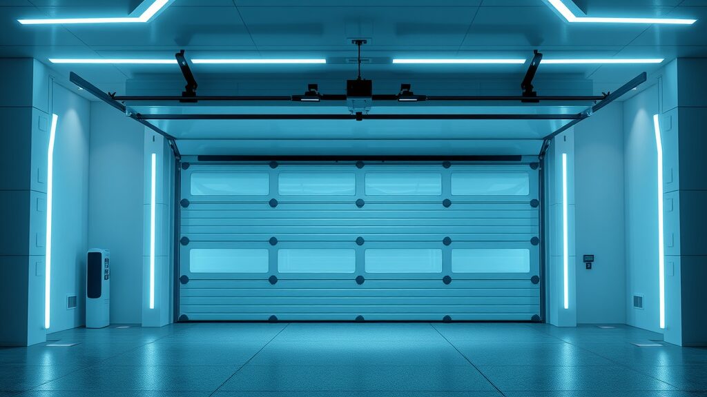 High-tech smart garage door with futuristic panel and seamless integration for advanced garage door security