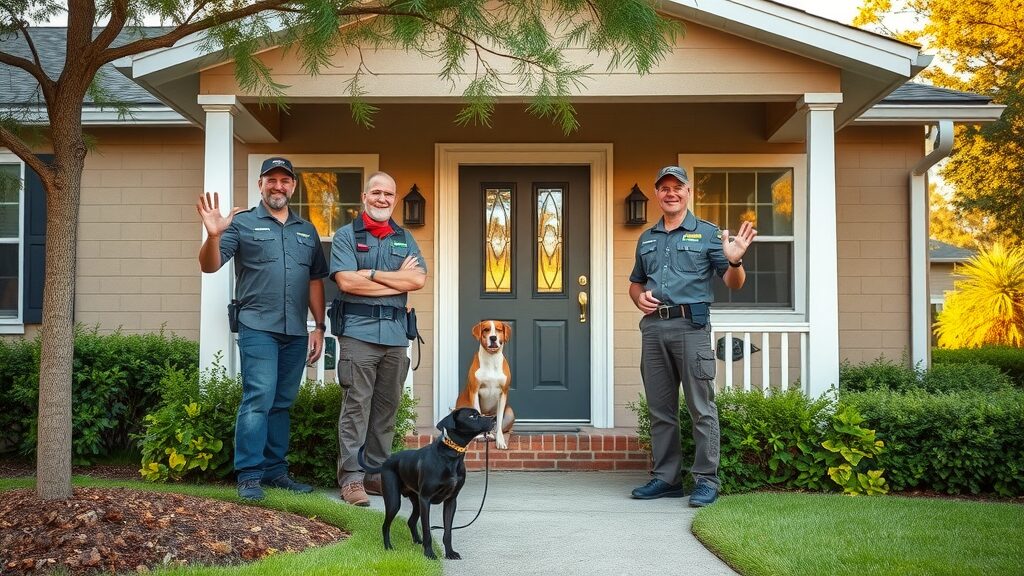 friendly pest control team outside a suburban eustis home with dog, rowland pest management credentials, photorealistic high fidelity lifelike, landscaped yard, golden hour, wide-angle lens