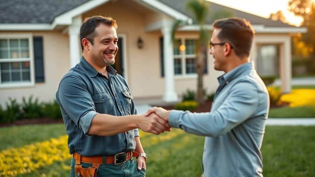 local affordable handyman eustis shaking hands with a satisfied client outside their suburban Eustis home