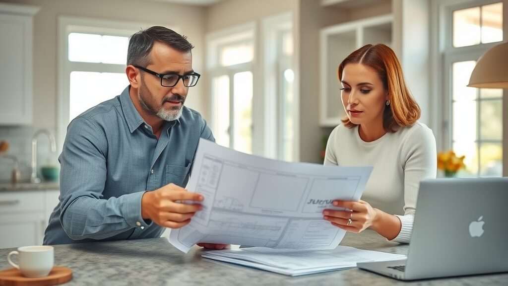 Expert septic tank contractor in Eustis reviewing blueprints and service paperwork with a homeowner in a modern kitchen.