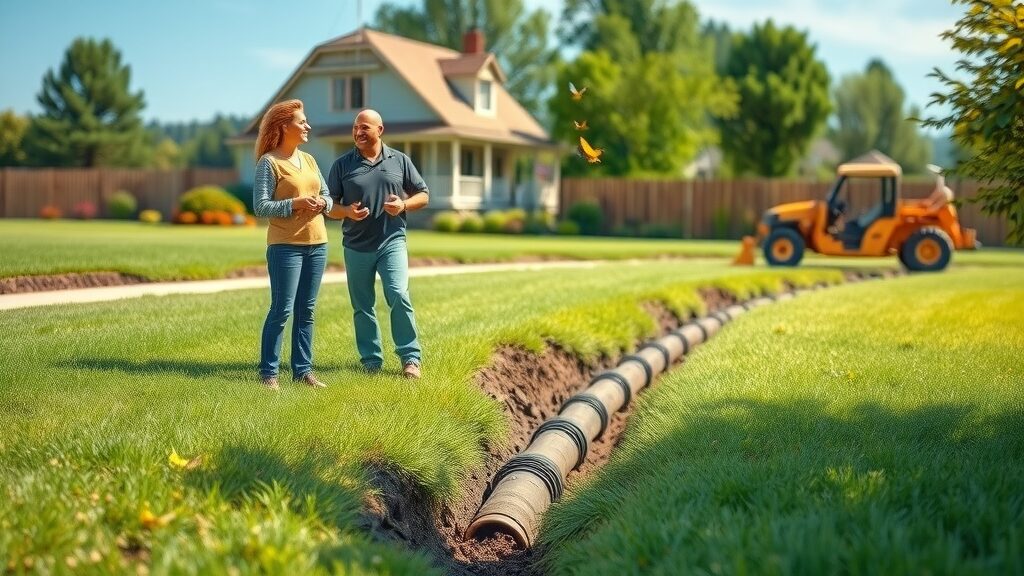 drain field repair after septic tank maintenance in Eustis, with technician and homeowner, Photorealistic, grassy area, trenching visible, high realism, morning sunlight