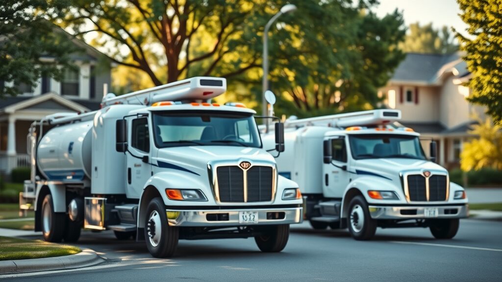 Two septic pump service trucks on a residential street, ready for septic tank pumping and repair