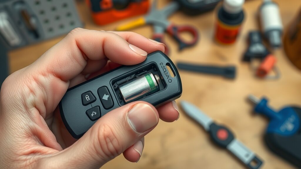 close-up of garage door remote control with open battery compartment, replacing battery