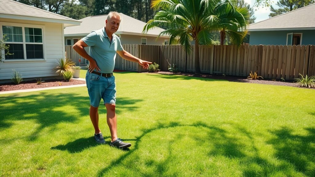 Homeowner checks soggy green patch over septic tank in Eustis Florida, indicating need for septic system maintenance