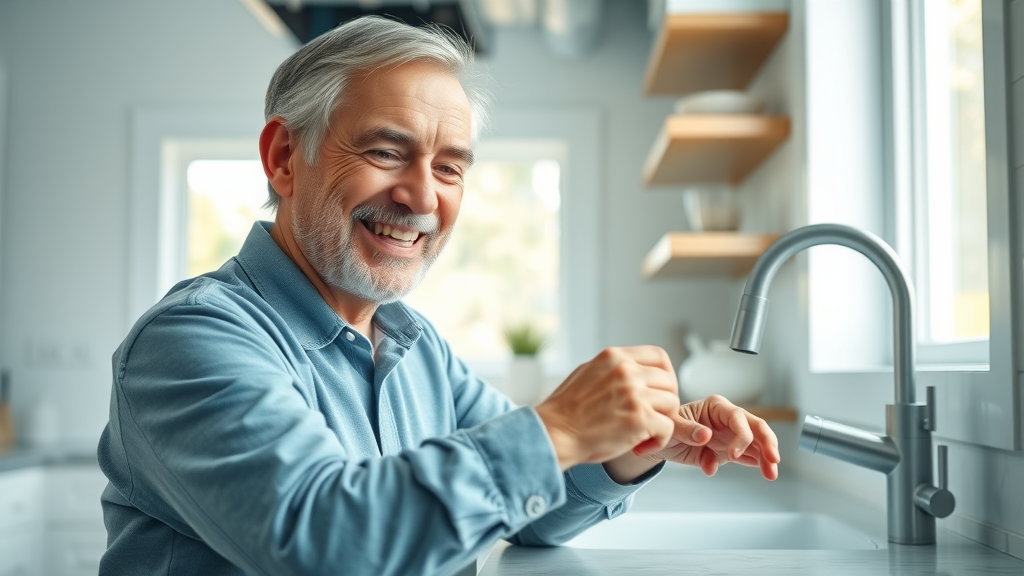 Residential plumbing Eustis FL modern kitchen inspection, smiling homeowner checks under-sink pipes for leaks with clean marble counters, detailed pipe fittings