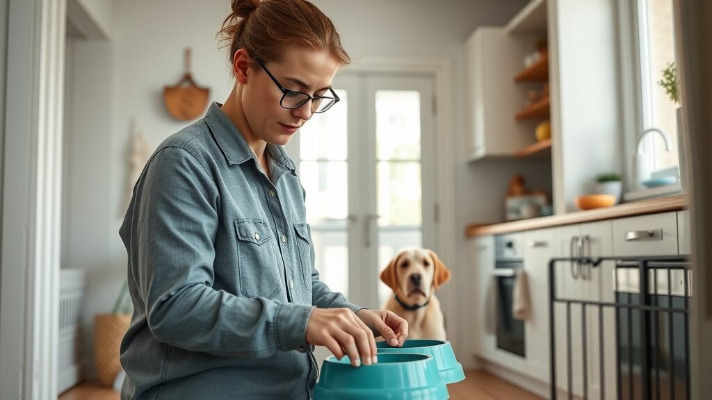 organized pet owner preparing house, picking up dog bowls and toys before pest control, tidy kitchen area, visible pet containment gate, photorealistic high fidelity lifelike, soft movement