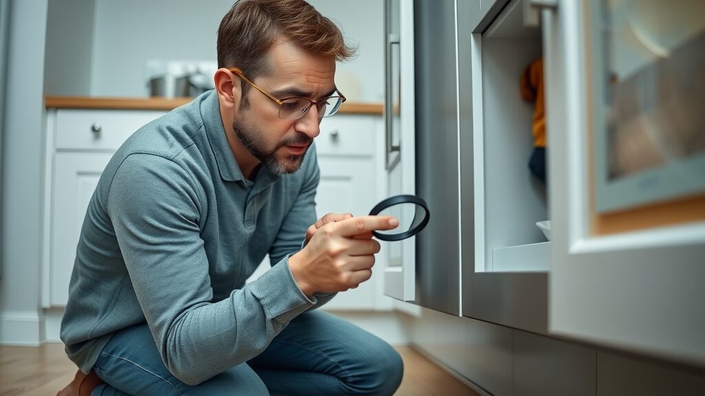 Homeowner examining for pest signs beside kitchen cabinet, magnifying glass, pest control inspection scene