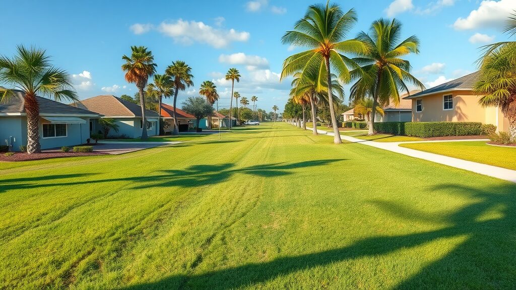 Coastal Florida homes and yards with signs of healthy and faulty drain fields—septic drain field repair Florida landscape