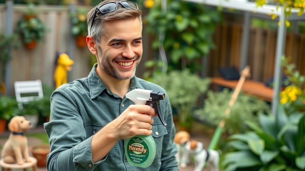confident pest control expert gently holding eco-friendly spray demonstrating pet-safe technique for dog-safe pest control eustis fl, backyard garden with dog toys, photorealistic high fidelity lifelike, crisp colors, balanced daylight