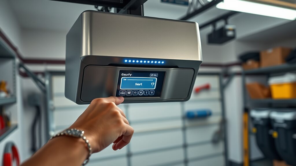 Close-up of smart garage door opener showing display screen and security status active, modern garage background