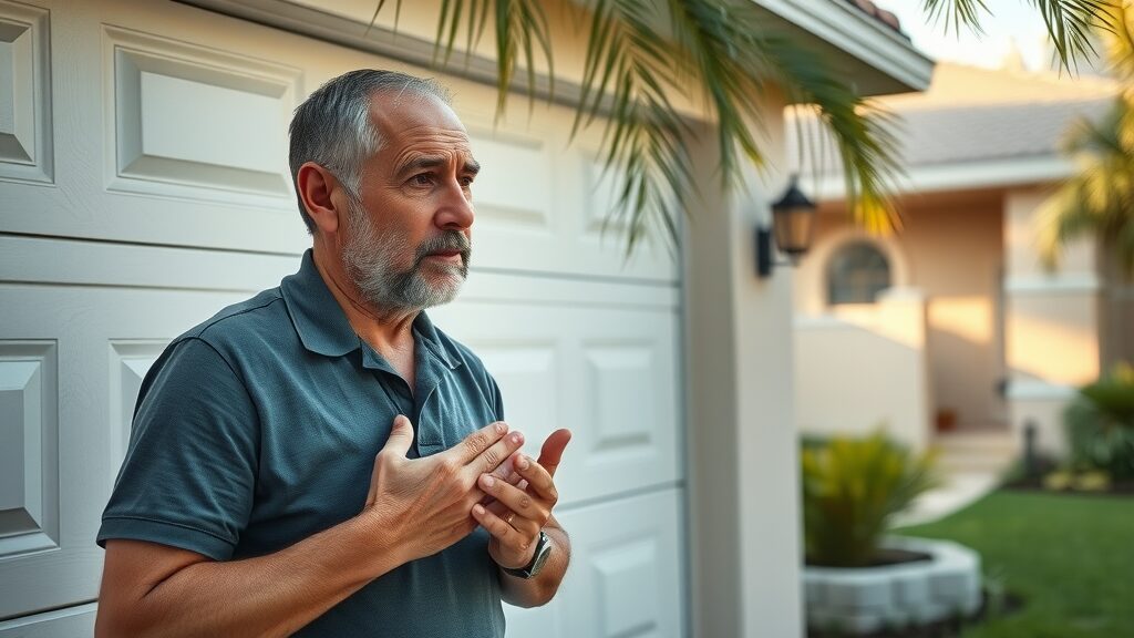 Concerned homeowner inspecting garage door for maintenance Eustis, well-kept lawns and palm trees in background, natural pose
