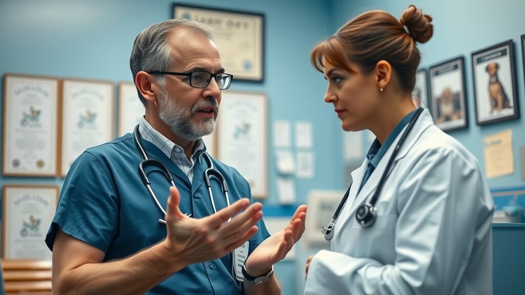 veterinarian consulting pet owner, informative expression, explaining with gestures, Cinematic, vet office lined with certificates and pet posters in background, highly detailed, subtle blur on background, blue and white color scheme, natural overhead lighting, shot with a 24mm lens. Choosing pet safe pest control product for your dog