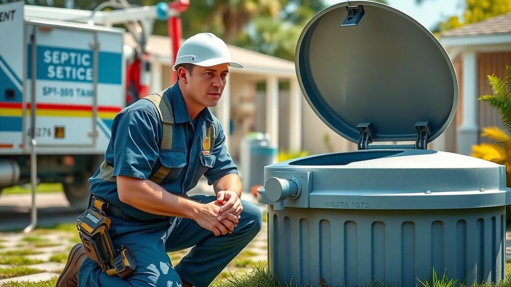 emergency septic tank solutions eustis uniformed technician servicing residential tank sunny backyard