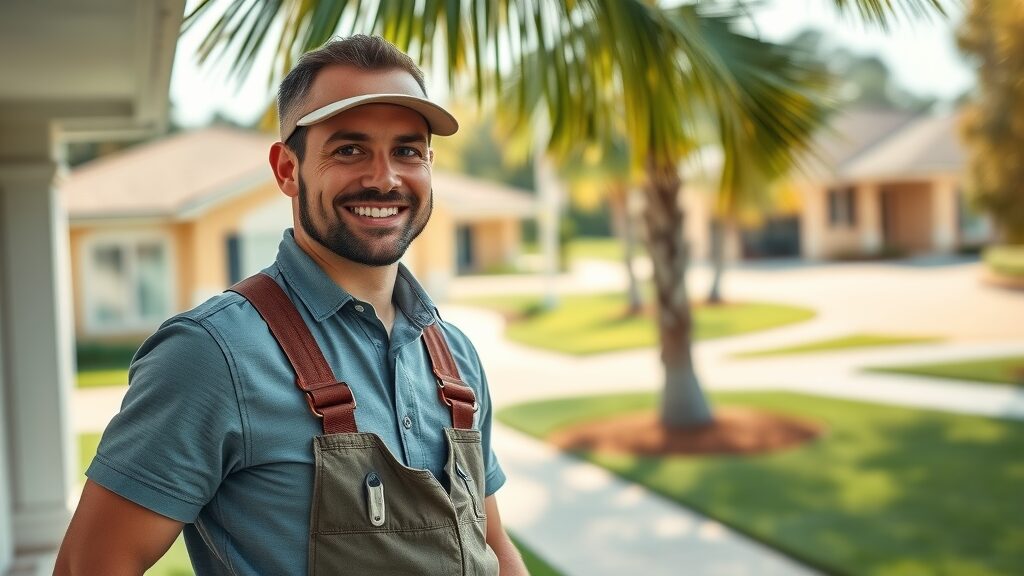 Professional handyman services Eustis Florida - inspecting a suburban home with lush lawns and palm trees