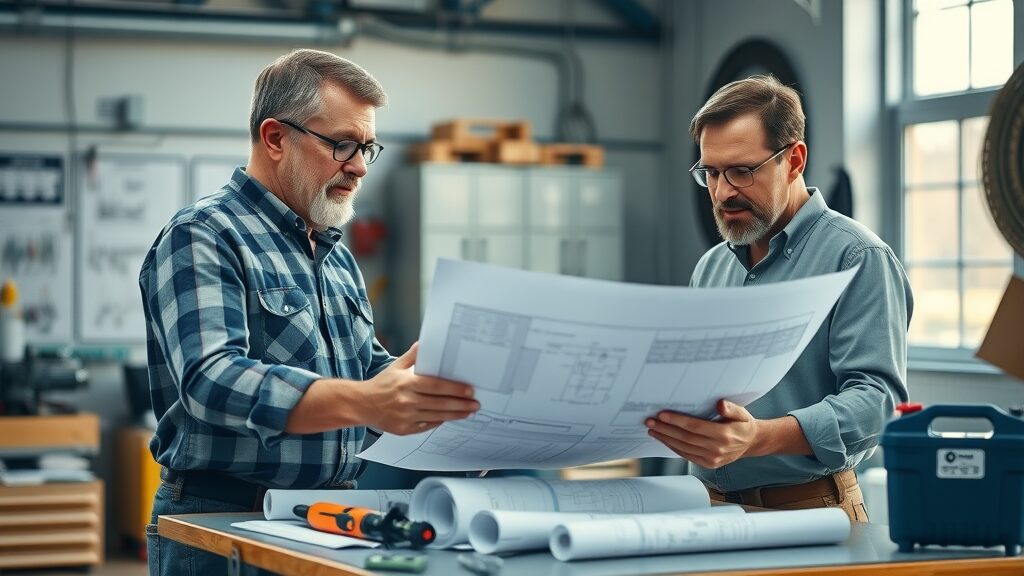 Confident veteran electrician team discussing Eustis electrical installation blueprints