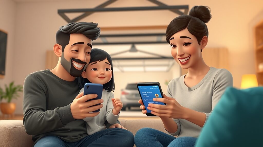 Family checking smart garage security app on smartphone, monitoring garage door security from their home