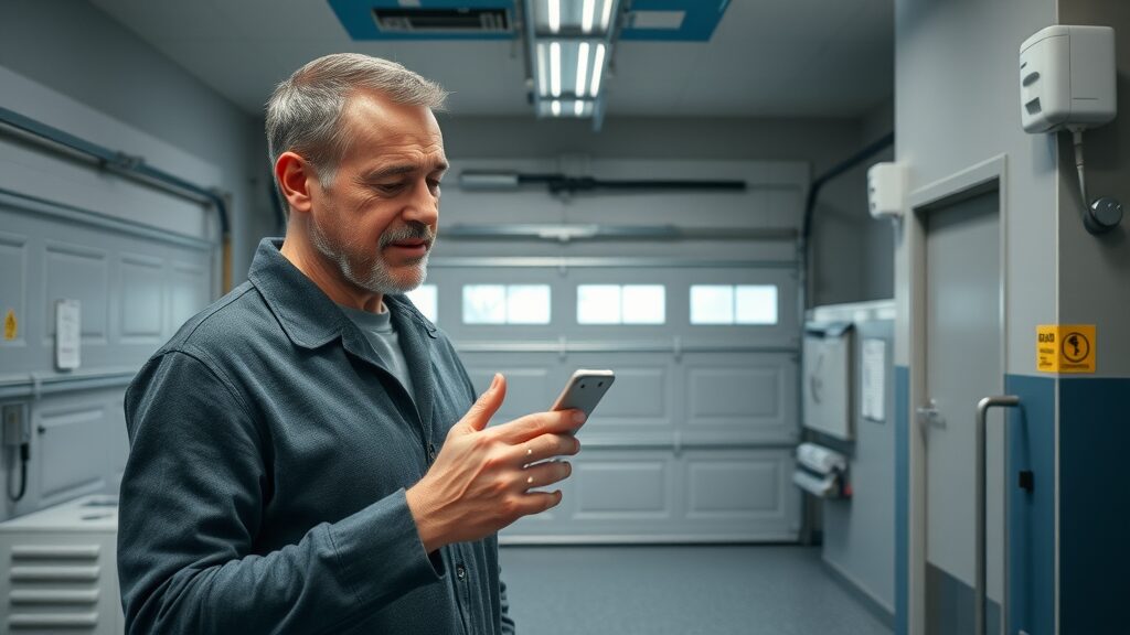 confident homeowner inspecting automatic door sensor system in a well-organized, safe garage environment