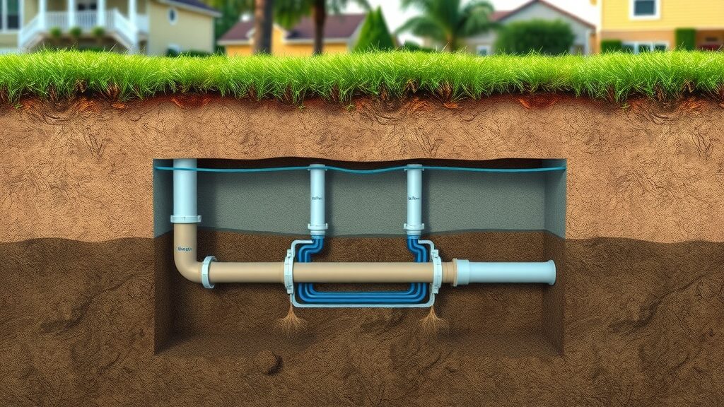 Cross-section of septic tank operation in Eustis FL - labeled chambers, drain field, pipes underground in sandy Florida soil