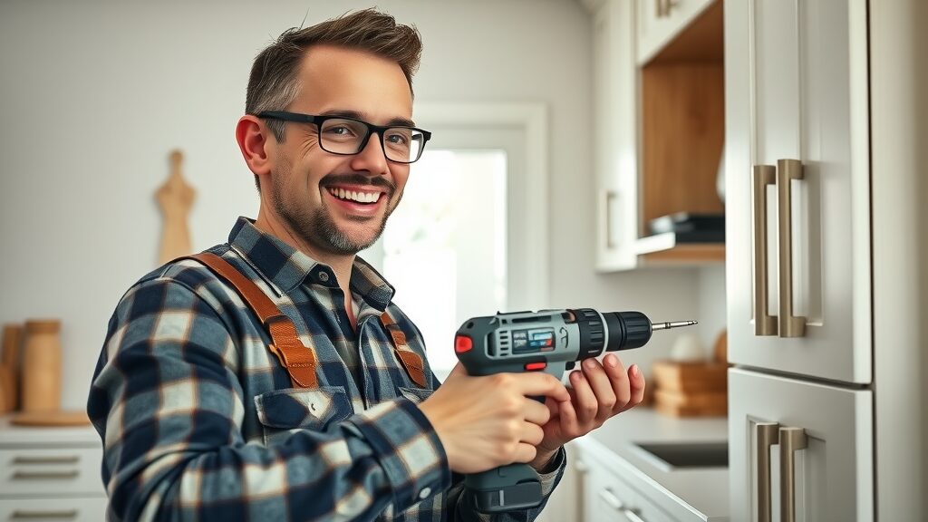 handyman eustis florida using cordless drill on cabinet in modern tidy kitchen