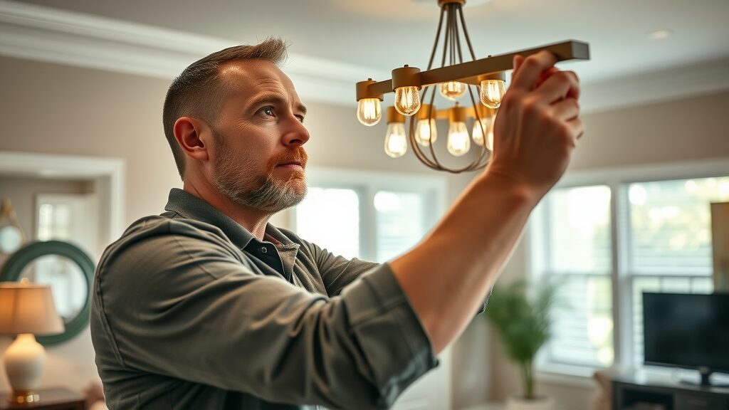 licensed electrician Eustis Florida installing chandelier for indoor lighting installation