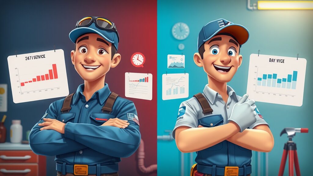animated comparison of 24/7 plumber and traditional plumber eustis fl with night and day backgrounds, analytical expressions