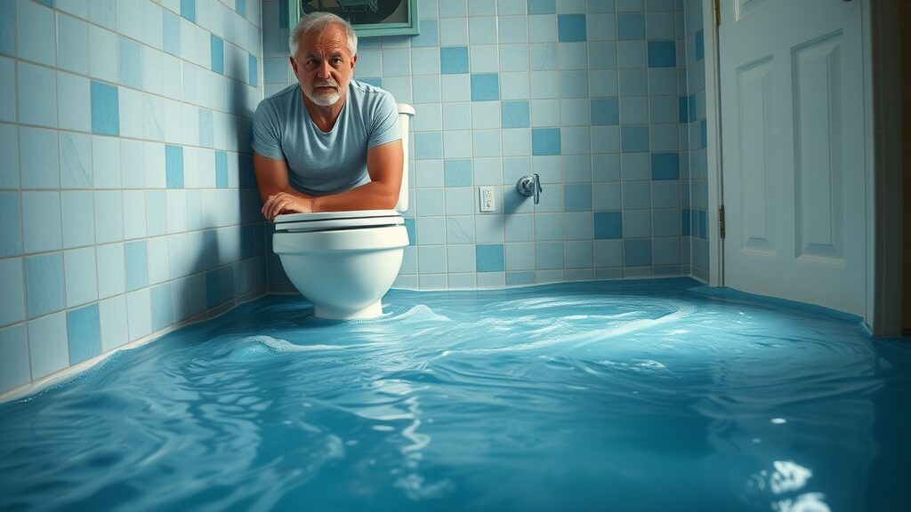 Distressed Eustis homeowner stands by a flooded bathroom needing emergency plumbing service