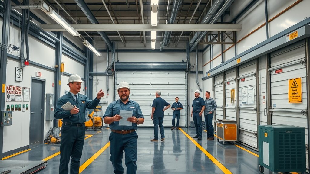factory floor with engineers inspecting Eustis garage doors, emphasizing quality and safety standards