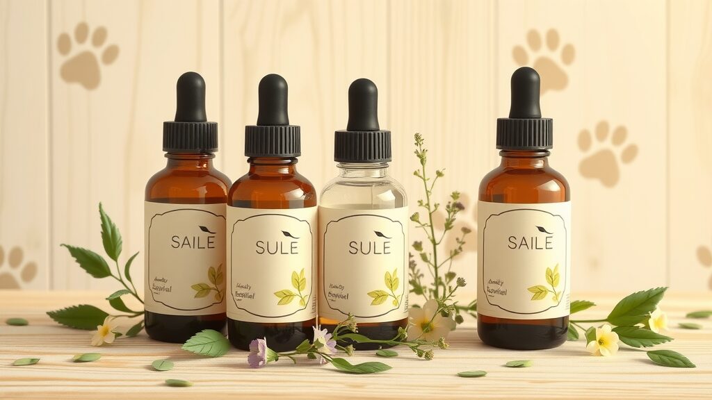 natural essential oil bottles with herbs and flowers, calm expression, no people, sitting upright, 2D Cartoon, light wood background with paw print accents and green leaves scattered, highly detailed, subtle animated shimmer on bottles, earth tones with pops of green, soft morning lighting, shot with a 35mm lens. Natural essential oils for pet safe pest control