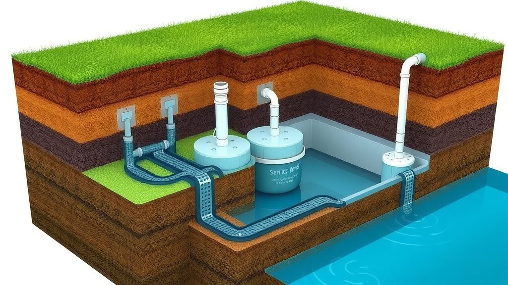 Technical cross-section of septic drain field system—drain pipes, septic tank, soil, detailed for septic drain field repair Florida