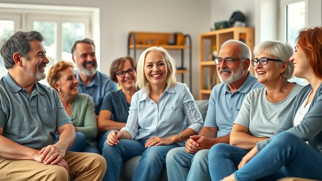 Eustis homeowners discussing handyman reviews indoors, looking satisfied with recent home repairs, casual attire, natural light, repair tools visible.
