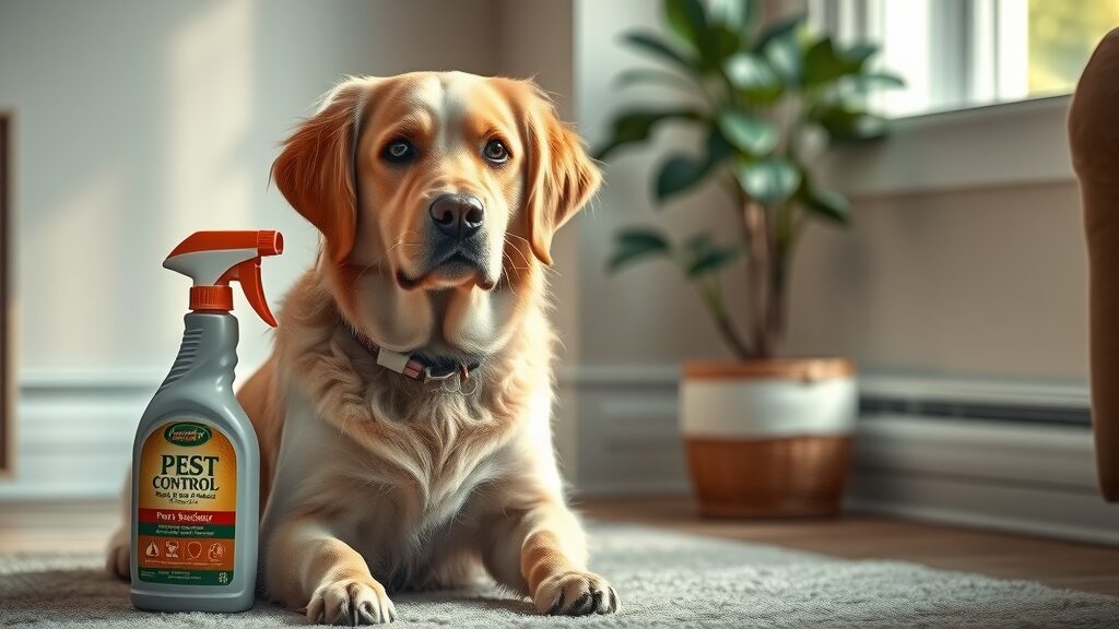 concerned golden retriever near indoor pest control spray, alert expression, sitting calmly and observing dog-safe pest control eustis fl, cozy living room with visible baseboard and plant, photorealistic high fidelity lifelike, gentle sunlight