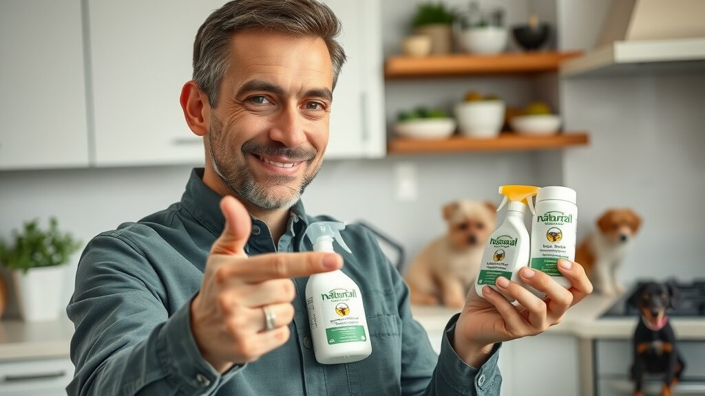 knowledgeable pest control technician showing natural, safe products for pet-friendly pest control methods, reassuring expression, non-toxic solutions in a clean home kitchen with pets at a safe distance
