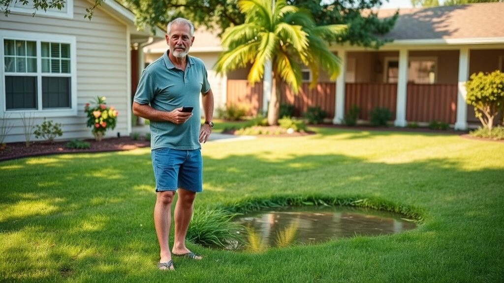 Concerned Eustis homeowner inspecting subtle yard flooding near drain field—a sign for affordable septic repair Eustis