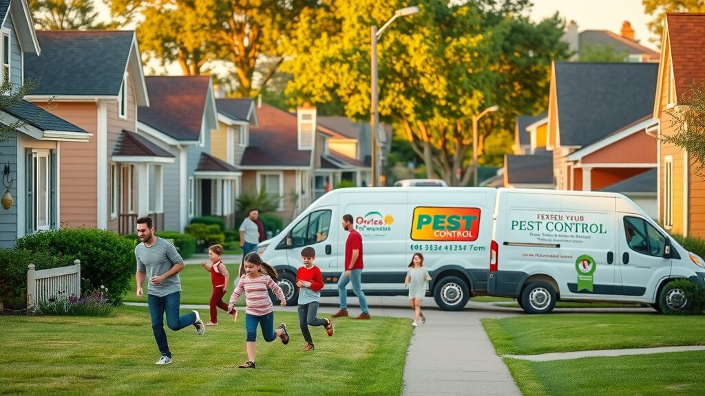 Happy families outdoors, safe pest-free homes, pest control service van in neighborhood, natural pest control solutions