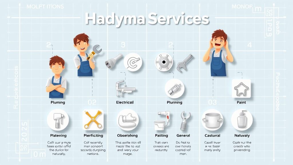 Infographic of handyman services in Eustis Florida, with icons for plumbing, electrical, painting, and maintenance, on blueprint background.