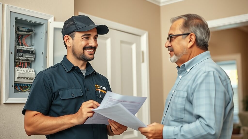 Eustis electrician in uniform discussing electrical panel repairs with homeowner, electrical repair eustis homes. Residential electrical service provider in Florida.