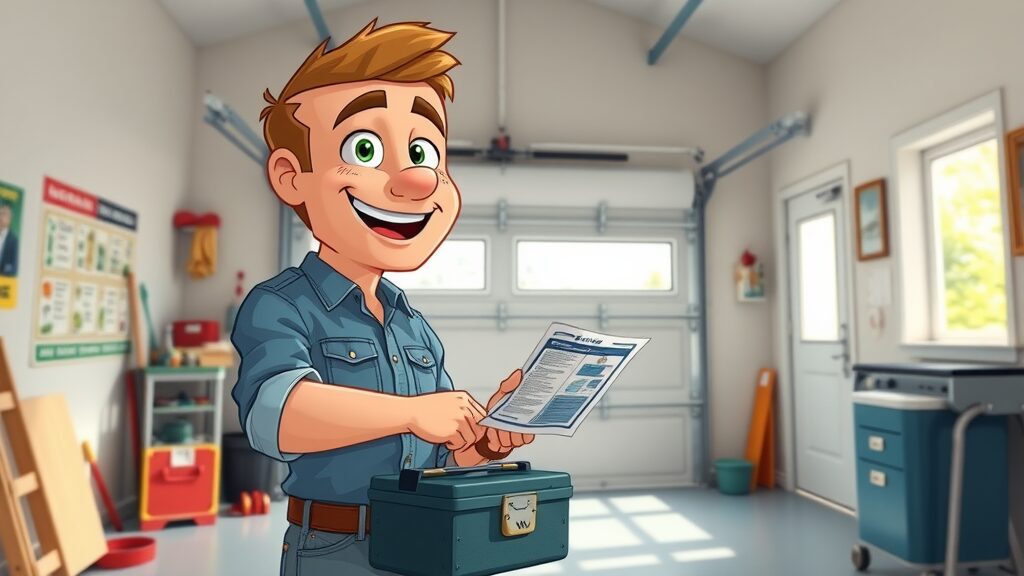 DIY homeowner installing a smart garage door auto-close system, following easy installation steps inside a tidy garage, home improvement in progress, cartoon style