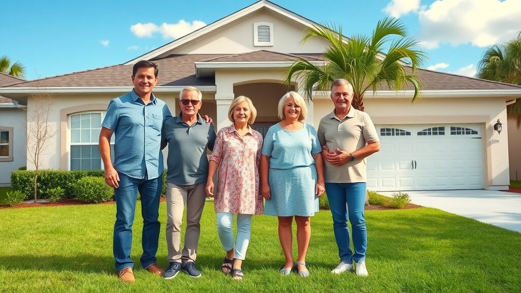 Happy multigenerational family celebrating outside their well-maintained home in Eustis FL after successful home repairs