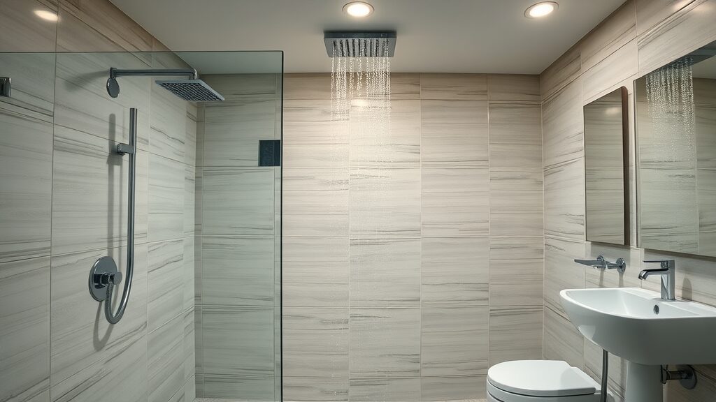 Trendy Eustis bathroom remodel with luxurious rainfall shower, modern fixtures, and spacious design, bathroom remodel eustis home improvement, high detail