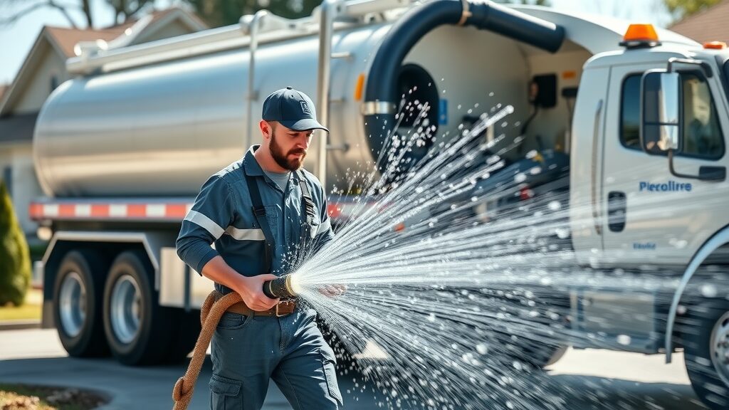modern septic service crew operating vacuum truck for septic tank repair services eustis, Photorealistic, residential driveway, high realism, blue and steel grey palette, midday light