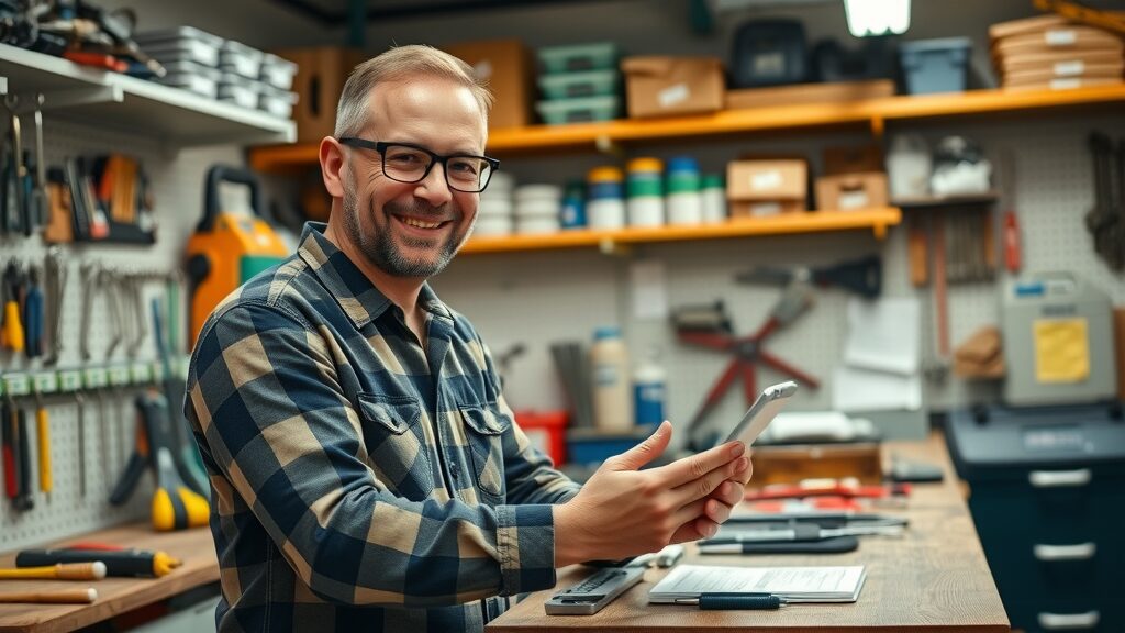 organized licensed handyman Eustis FL checking permits on a tablet at a workshop workbench, professional tools and labeled shelves
