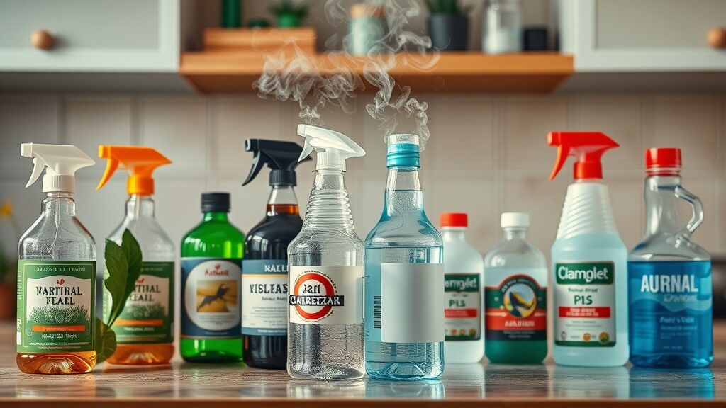 creative split-scene of natural pest control products vs classic chemical bottles, comparison for dog-safe pest control eustis fl, highly detailed macro, earthy greens and artificial blues