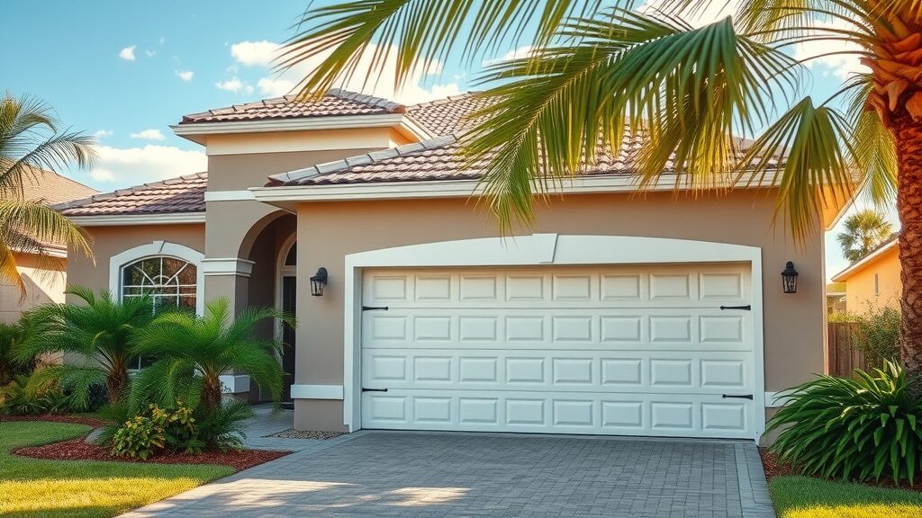 Secure, modern garage door installation Eustis FL home exterior, neighborhood safety, tropical landscaping, sunny sky, photorealistic, garage door focal point