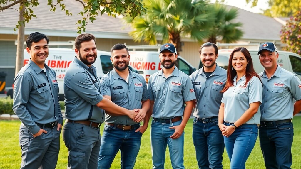 Team of Eustis plumbers greeting homeowner for plumbing repair Eustis FL